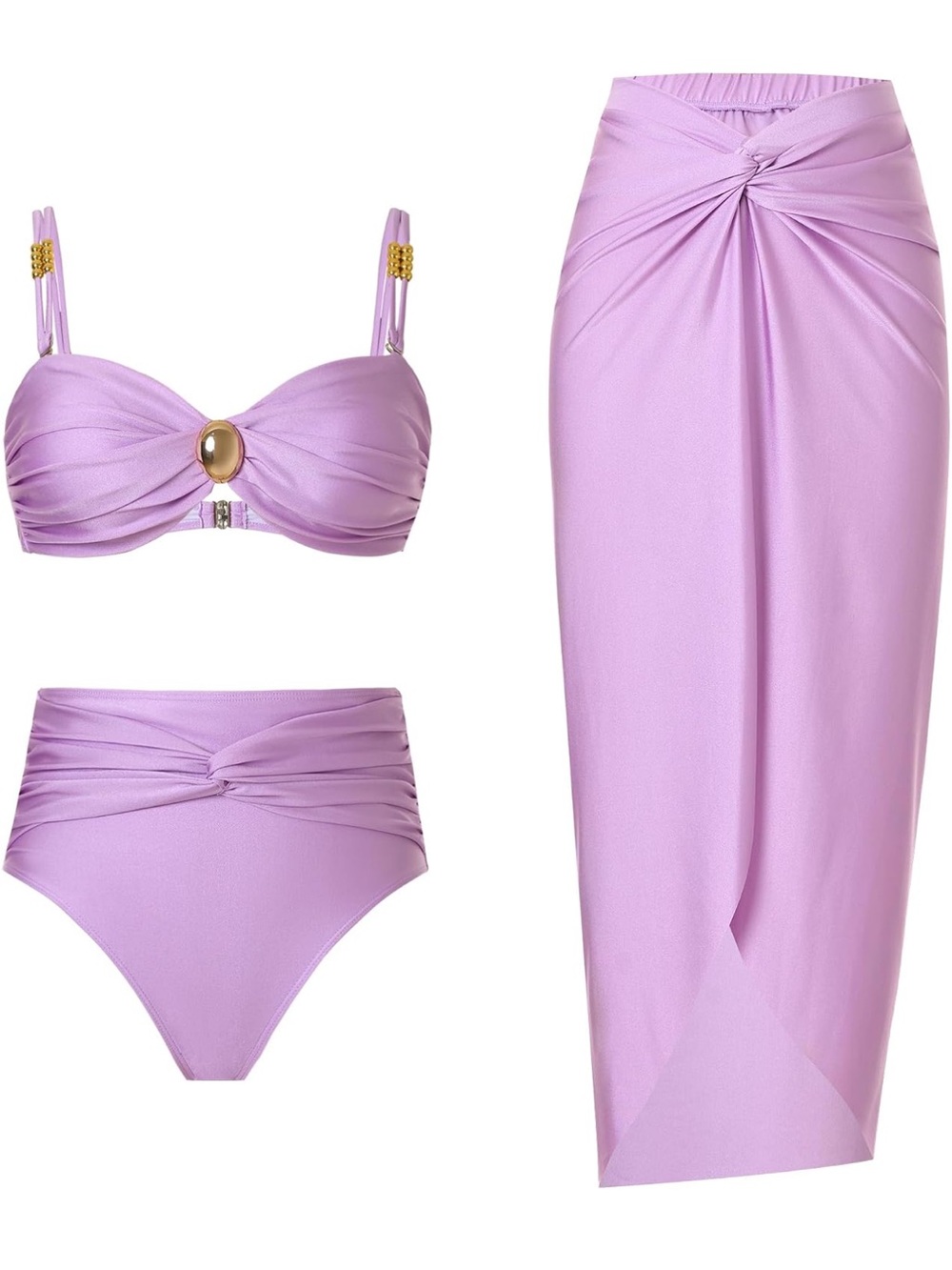 Lavender High-Waist Twist Bikini Set with Matching Sarong